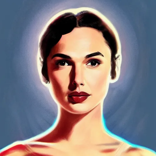 Image similar to portrait of gal gadot in the style of bill medcalf, retro, 4 k, detailed