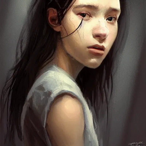 Prompt: portrait of a girl by greg rutkowski, she is about 2 0 years old, mixture between russian and japanese, prettt, black bob hair with two strands around her face, wearing a tank top and a oversized jumper overall, highly detailed portrait, digital painting, artstation, concept art, smooth, sharp foccus ilustration, artstation hq