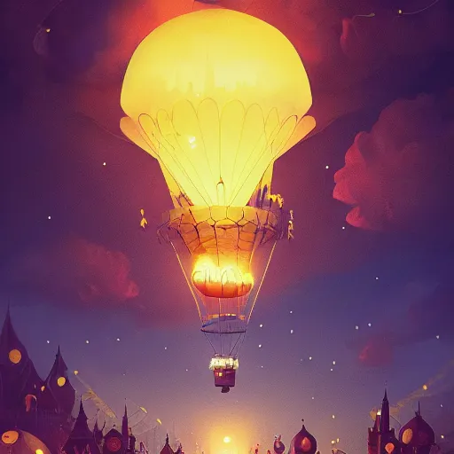 Image similar to a beautiful stunning fantasy whimsical matte digital illustration of a hot - air balloon race at night by marc simonetti and anato finnstark, disney steampunk, chiaroscuro magical bokeh moon stars, trending on artstation hq, masterpiece