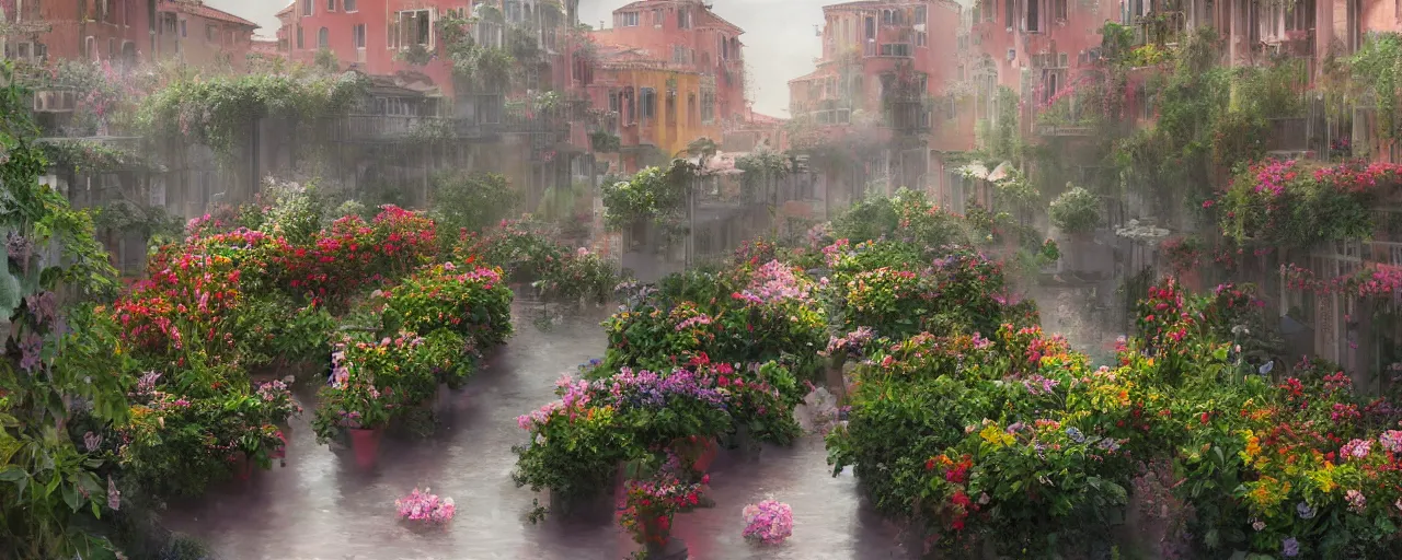 Prompt: rainy venice balcony gardens rooftop gardens flowers flowers flowers, solarpunk, digital painting, volumetric lighting by feng zhu