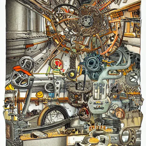 Prompt: a chaotic scene of a crazy machine with lots of details and contraptions. there is a small pair of scissors hidden in the details. the illustration is very detailed and intricate, with a lot of small elements that come together to create a cohesive whole. it uses a limited palette of colors, which helps to create a cohesive and unified look.