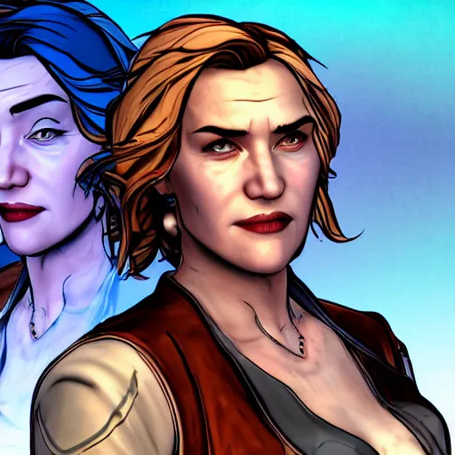 Image similar to kate winslet portrait, borderlands, tales from the borderlands, the wolf among us, comic, cinematic lighting, studio quality, 8 k