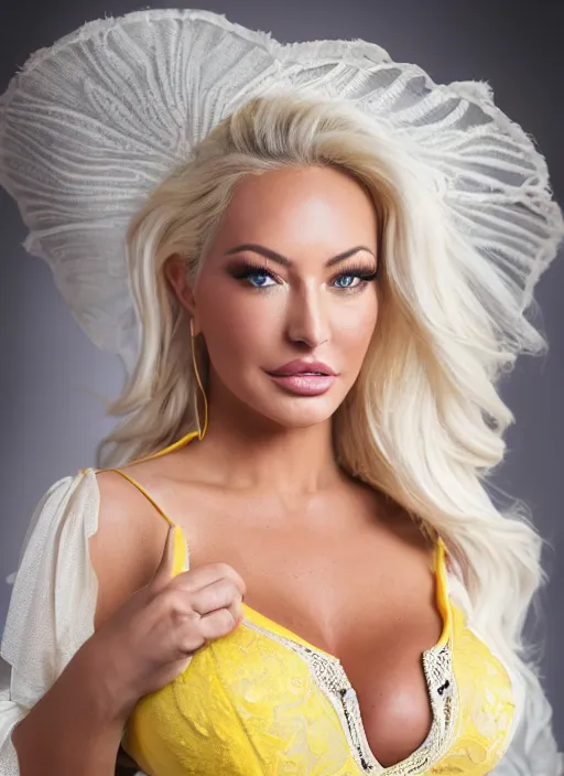 Image similar to portrait of lindsey pelas wearing white kebaya and yellow silk belt, by charlotte grimm, natural light, detailed face, beautiful features, symmetrical, canon eos c 3 0 0, ƒ 1. 8, 3 5 mm, 8 k, medium - format print, half body shot