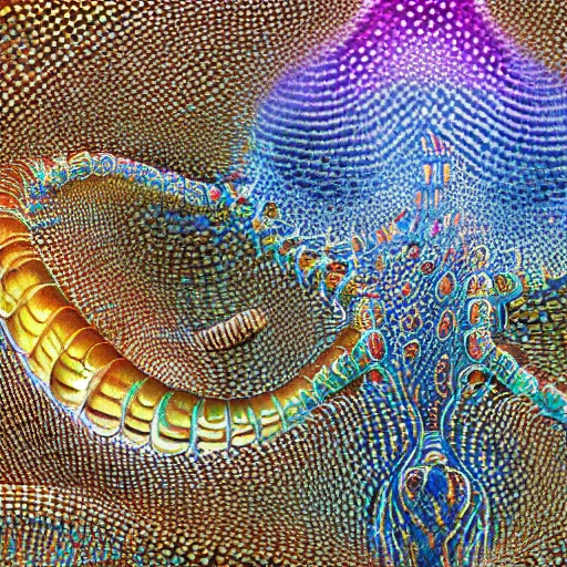 Prompt: cgsociety, hyperdetailed tapestry, rendering of shiny reflective specular dew drops forming in a colony of mycelium microplastics fused into rare lattice serpent sunstones, airbrush painting by Alfred Kelsner, glowing, trending on artstation, reflective movie still, imax 70 mm footage