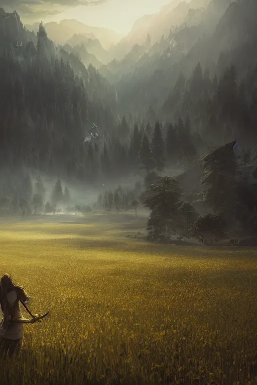 Image similar to A endless beuatiful meadow by Greg Rutkowski, Sung Choi, Mitchell Mohrhauser, Maciej Kuciara, Johnson Ting, Maxim Verehin, Peter Konig, final fantasy , 8k photorealistic, cinematic lighting, HD, high details, atmospheric,