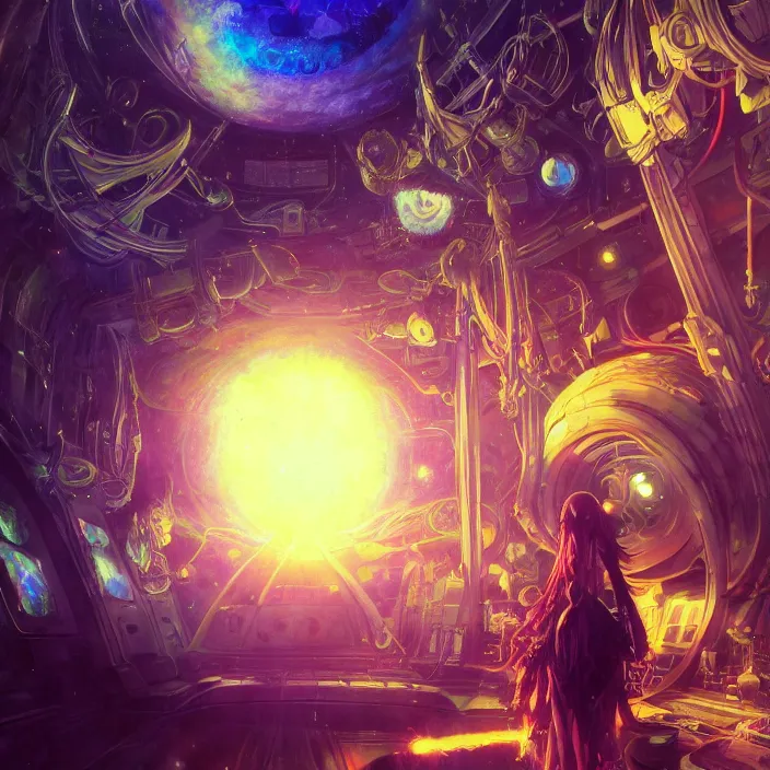 Prompt: Albedo from overlord, mamimi samejima, psychedelic background, epcot, inside a space station, eye of providence, female anime character, Lain, uwu, uwu, Luminism, Tomas Sanchez, Karol Bak, surrealism, by Finnian MacManus Ruan Jia, uwu Hi-Fructose, Artstation, HD, HDR, High Resolution, 1024x1024, technological rings, giygas, demon souls, bloodborne boss