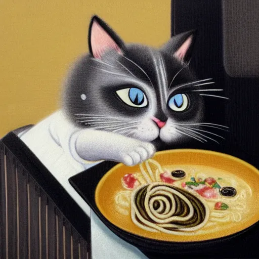 Prompt: Fat, cute grey striped cat in a suit eating ramen, busy restaurant, ukyio-e, painting by Koson Ohara, details, 4K, 8K