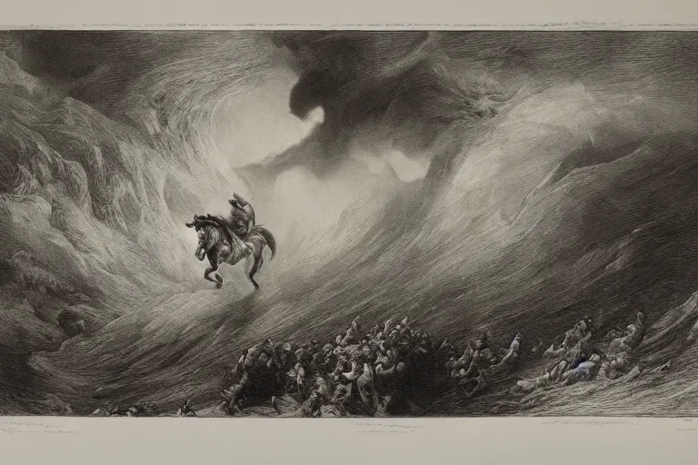 Image similar to A huge horse rides through epic Hurricane, Gustave Dore lithography