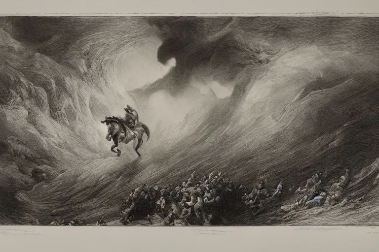 Prompt: A huge horse rides through epic Hurricane, Gustave Dore lithography