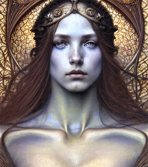 Image similar to detailed realistic beautiful young medieval queen of mars face portrait by jean delville, gustave dore and marco mazzoni, art nouveau, symbolist, visionary, gothic, pre - raphaelite. horizontal symmetry by zdzisław beksinski, iris van herpen, raymond swanland and alphonse mucha. highly detailed, hyper - real, beautiful