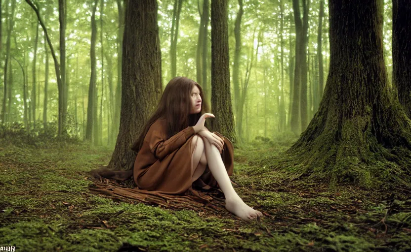 Prompt: portrait of mage sitting, forest, long brown hair, woman, fashion pose, long lens, wide low angle, 7 0 mm film, technicolor, baroque renaissance. photo by philip - daniel ducasse and yasuhiro wakabayashi and jody rogac and roger deakins, telephoto, intricate, elegant, global illumination. vfx