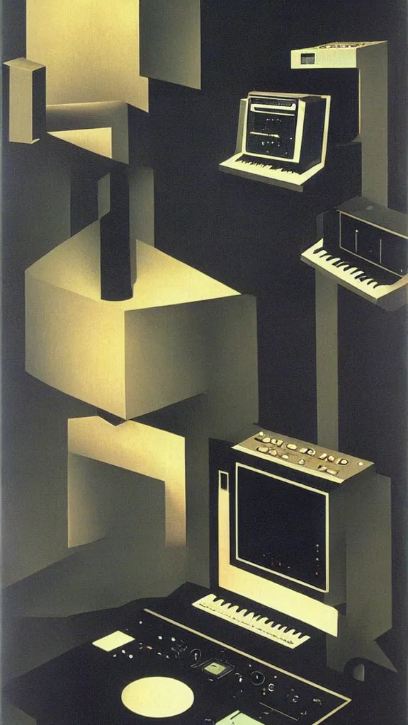 Image similar to an electronic music studio by Rene Magritte