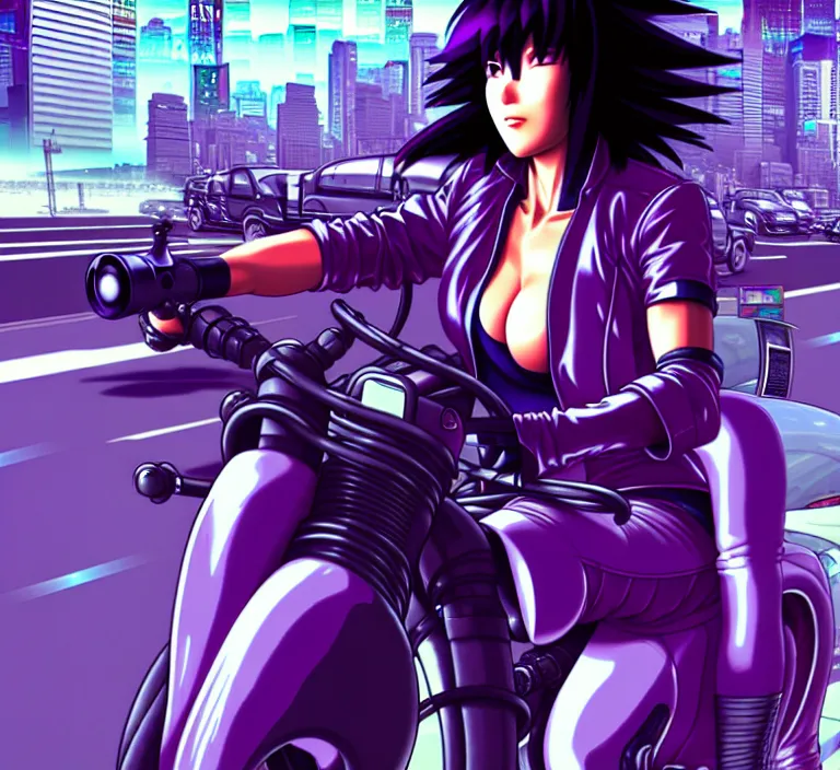 Image similar to motoko kusanagi riding a cyberpunk vehicle in a grungy cyberpunk megacity, bosozoku gang war, cyberpunk vaporwave, artgerm, sola digital arts, anti aliasing, raytracing