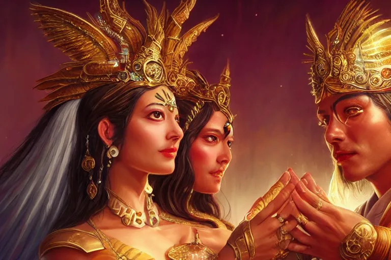 Image similar to close up moment of a divine a sun god and a moon goddess lovers magician at a wedding banquet, highly detailed, d & d, fantasy, highly detailed, digital painting, trending on artstation, concept art, sharp focus, illustration, art by artgerm and greg rutkowski and magali villeneuve