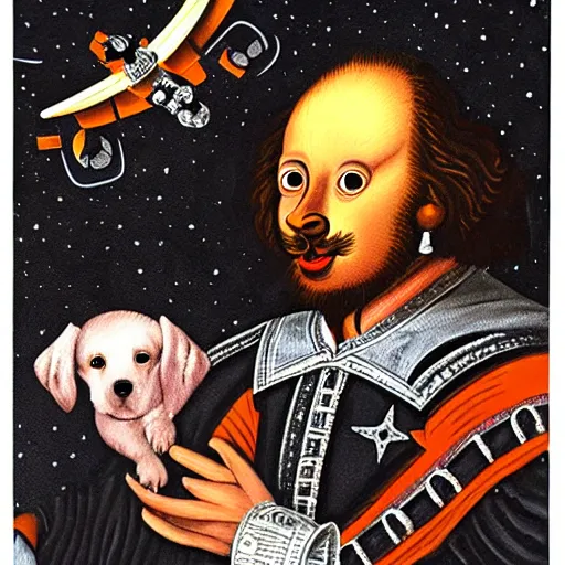 Image similar to a beautiful painting, dog in a space suite, by william shakespeare, long shot