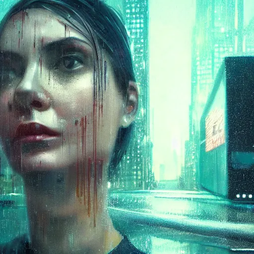 Image similar to detailed portrait of a woman, moment, cyberpunk elevated train, electronic billboards, tech noir, wet reflections, atmospheric, ambient, livia prima, greg rutkowski, edward hopper, pj crook