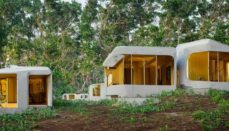 Image similar to A wide image of an eco-community neighborhood of innovative contemporary 3D printed prefab sea ranch style cabins with rounded corners and angles, beveled edges, made of cement and concrete, organic architecture, in a lush green forest Designed by Gucci and Wes Anderson, golden hour