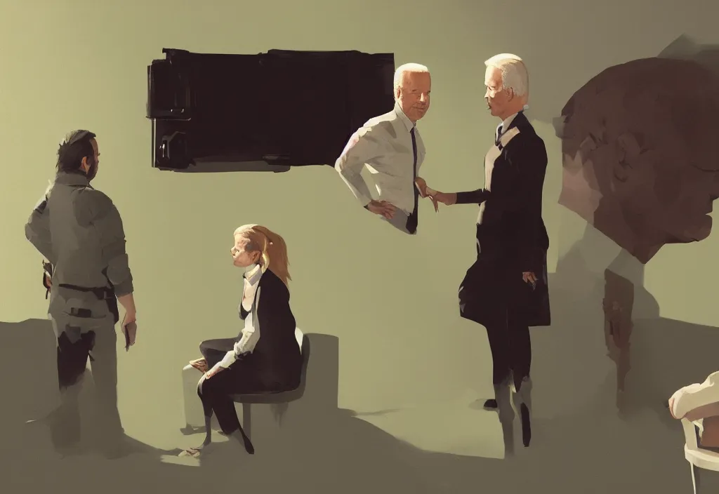 Image similar to portrait of joe biden talking with anya taylor - joy, epic debates, presidental elections candidates, cnn, fox news, fantasy, by atey ghailan, by greg rutkowski, by greg tocchini, by james gilleard, by joe gb fenton, dynamic lighting, gradient light green, brown, blonde cream, salad and white colors in scheme, grunge aesthetic