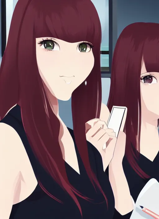 Image similar to a mirror selfie of two beautiful office ladies, gorgeous faces, thick lines, cinematic lighting, detailed anime art