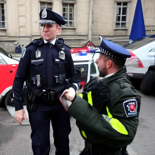 Prompt: a policeman with the face of emmanuel macron