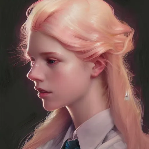 Image similar to portrait of a scottish teenage girl with pinkish blonde hair, glowing skin, delicate features, nerdy, fantasy, intricate, elegant, dress shirt, highly detailed, digital painting, artstation, concept art, smooth, sharp focus, illustration, art by Krenz Cushart and Artem Demura and alphonse mucha