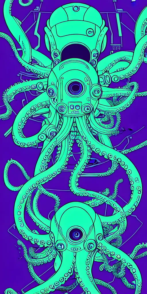 Image similar to robotic cyberpunk octopus by miyazaki, blue green purple color palette, symmetrical poster illustration, kenneth blom, mental alchemy, james jean, pablo amaringo, naudline pierre, contemporary art, hyper detailed