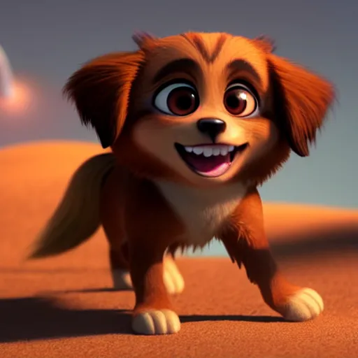 Image similar to tibetan spaniel as nendoroid walking in a desert in the croods movie style, anime, disney, pixar, 8 k, hd, dof, kodak film, volumetric lighting, subsurface scattering, photorealistic, octane render, details