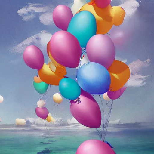 Prompt: a lot of floating birthday balloons. beautiful beach. digital art, highly - detailed, artstation cgsociety masterpiece