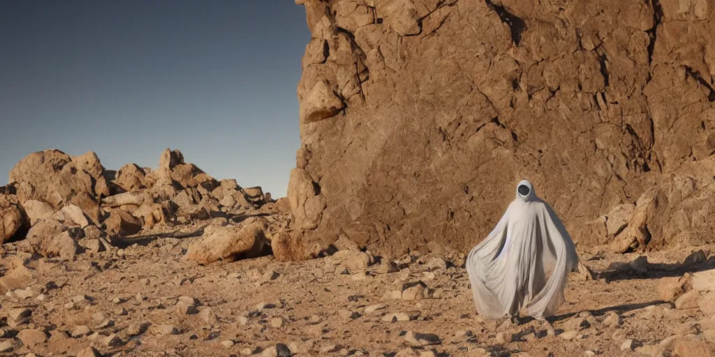 Prompt: levitating grey ghost veiled silhouette with full - face golden glowing bright reflective mask in a dry rocky desert landscape, visible sky and sunny atmosphere, floating rocks, flying rocks and fata morgana and giant mirrors by alejandro jodorowsky, anamorphic lens, kodakchrome, practical effects, masterpiece, 8 k