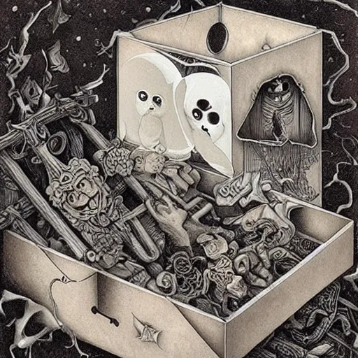 Image similar to box of ghosts| by Santiago Caruso and M.C. Escher and Joseph Cornell| very detailed| colorful beautiful eerie surreal psychedelic