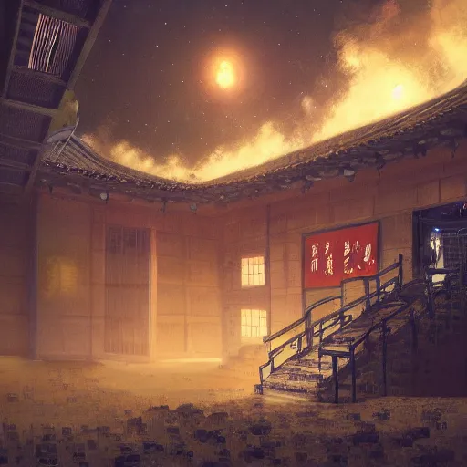 Prompt: a chinese prison at night lit by the stars, wispy smoke, highly detailed, very intricate, symmetrical, cinematic lighting, award - winning, painted by mandy jurgens, peter doig, dystopian, bold colors, dark vibes, anime aesthetic, featured on artstation