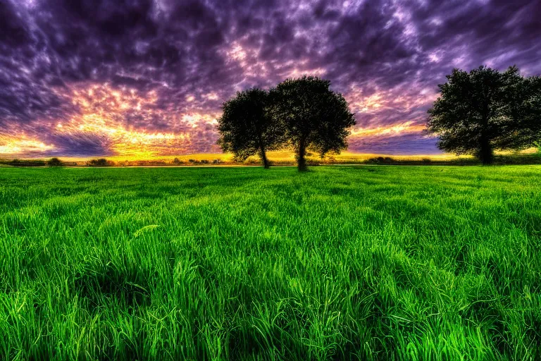 Image similar to windows bliss wallpaper, green field, blue partly cloudy sky, hdr, 4 k, highly detailed, professional photography, by marc adamus