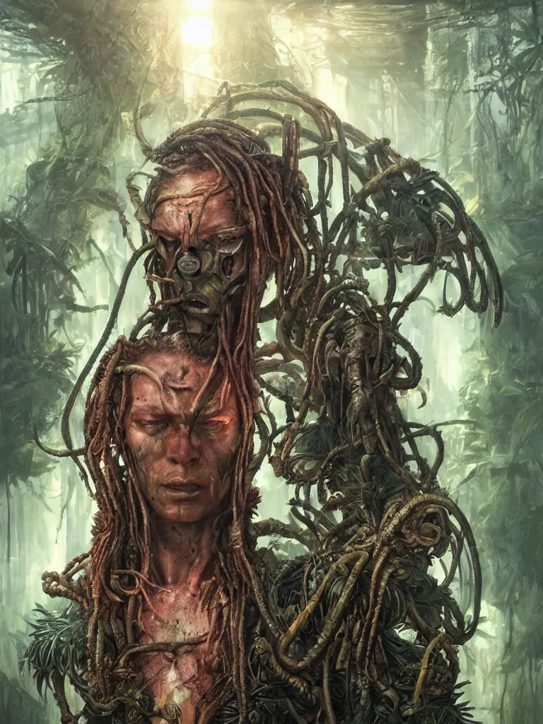 Image similar to a hyperrealistic cyberpunk portrait of a gorgeous man in the movie Predator, in a teeaming jungle with fractal sunlight, award-winning, masterpiece, in the style of Tom Bagshaw, Cedric Peyravernay, Peter Mohrbacher