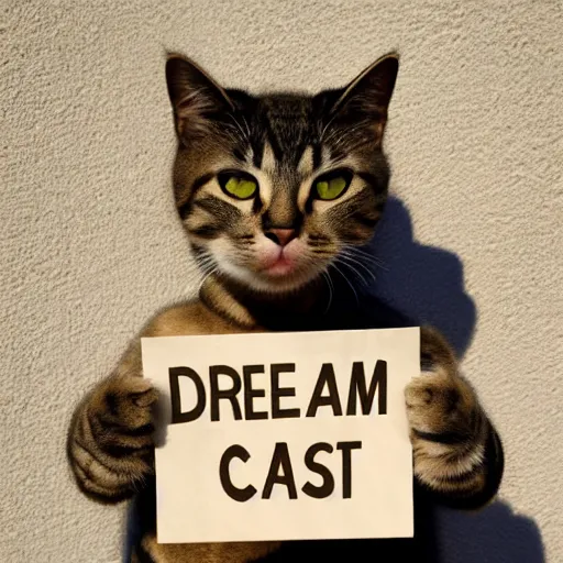 Prompt: realistic high quality photo of a cute cat holding a sign with text that reads : dream, cat, cas, cat cat dreamcats, cats, cas, cas, catss, cats, catscatscats, cats, cat, cats, caaats
