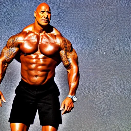 Image similar to dwayne the rock johnson with muscles on muscles on muscles