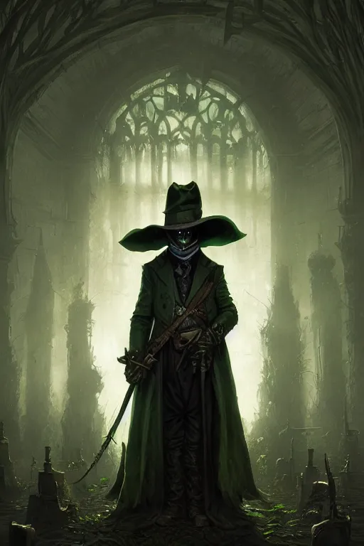 Image similar to A fancy portrait of a green plague doctor by Greg Rutkowski, Dan Mumford, Christophe Vacher, Sung Choi, Bloodborne, 8k photorealistic, volumetric lighting, HD, high details, dramatic, dark atmosphere, trending on artstation