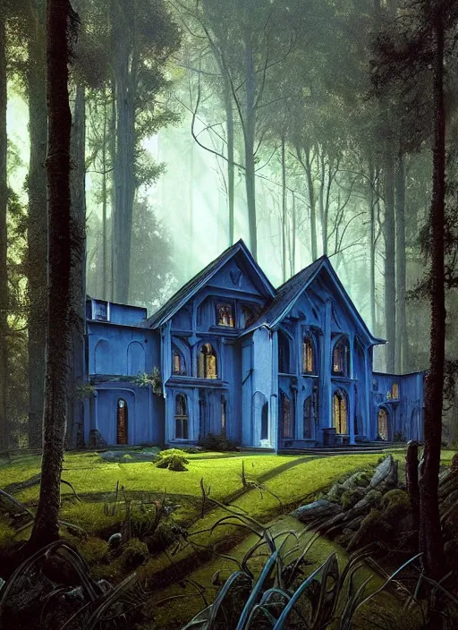 Image similar to hyper realistic witchy modern gothic house with mood lighting and tech in the woods gorgeous lighting, sunbeams blue sky, highly detailed, lush forest foliage painting by zdzisław beksinski and norman rockwell and greg rutkowski weta studio, and lucasfilm