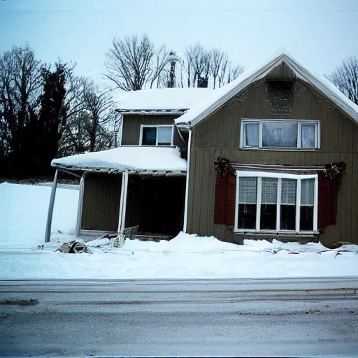 Image similar to a high flash photo of a suburban home from the street during winter, 2 0 0 6, taken with a disposable camera