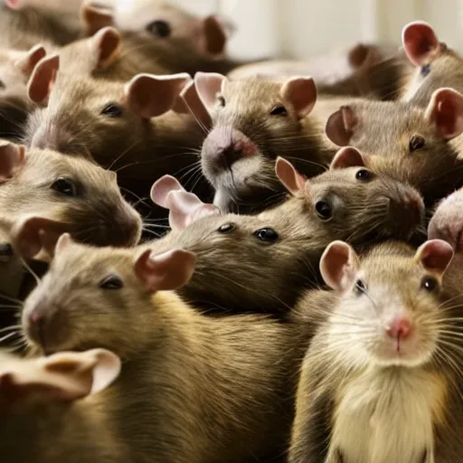 Prompt: a herd of rats in a student dorm room