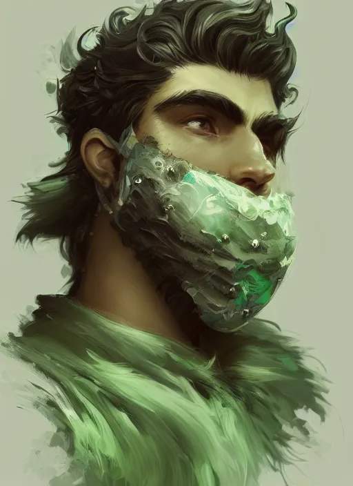 Prompt: a highly detailed illustration of young thick wavy messy haired guy wearing green face mask and brown noir coat intricate, elegant, highly detailed, centered, digital painting, artstation, concept art, smooth, sharp focus, league of legends concept art, wlop