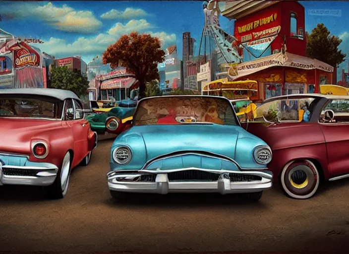 Image similar to americana dream cars, lowbrow, matte painting, 3 - d highly detailed, in the style of mark ryden,