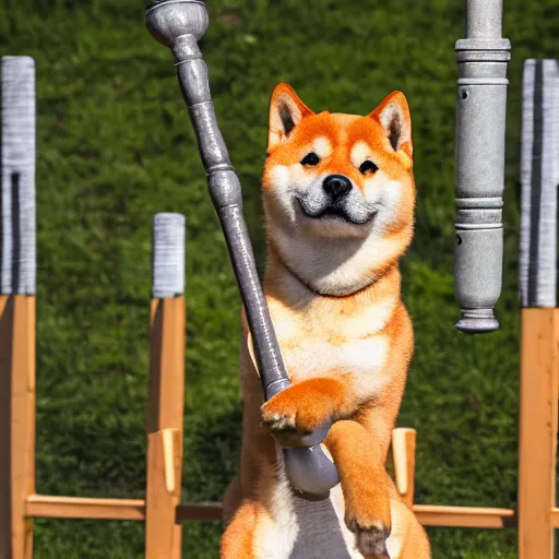 Image similar to close - up photo of shiba inu holding huge mace in paws, standing vertically, ( eos 5 ds r, iso 1 0 0, f / 8, 1 / 1 2 5, 8 4 mm, postprocessed, sharp )