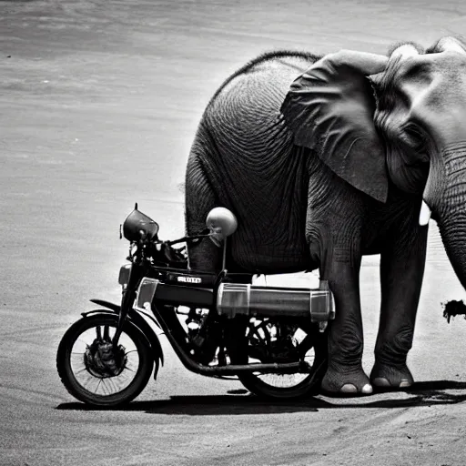 Image similar to picture of elephant riding a motorcycle, white and black, national geographic, award winning