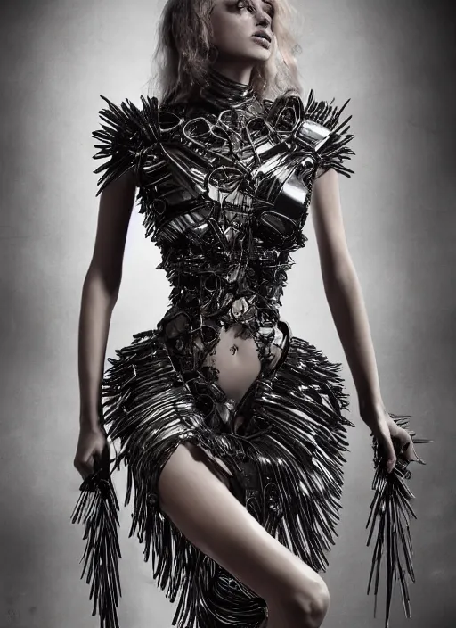 Image similar to expressive full body photo of teenage bridget bardot, dress made of steel blades, glamour shot, by karol bak, stefan gesell, photorealistic, nikon d 4 x, fashion photography, hyper maximalist, elegant, ornate, luxury, elite, environmental portrait, symmetrical features, octane render, unreal engine, solid dark grey background, dramatic lights