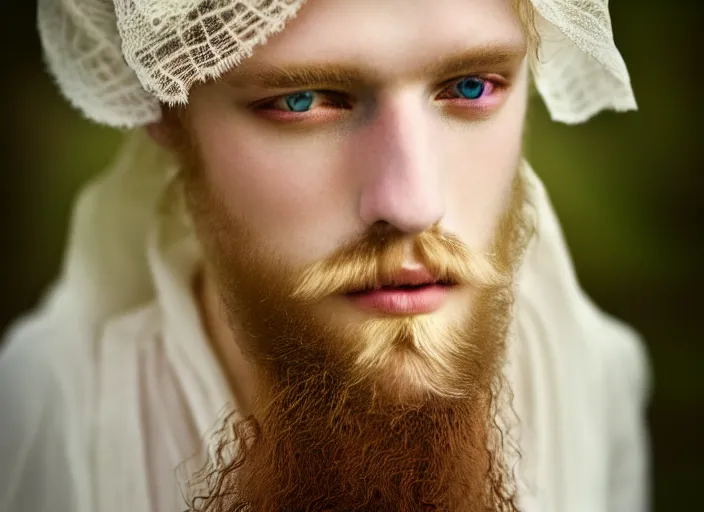 Image similar to portrait photography of a beautiful man how pre-Raphaelites beauty type in style of Nicolas False, britt marling style 3/4 , he has a short beard, golden blond hair, beautiful ethereal lace white robes, 8K, soft light, volumetric lighting, highly detailed Realistic, Refined, Highly Detailed, natural outdoor soft pastel lighting colors scheme, outdoor fine art photography