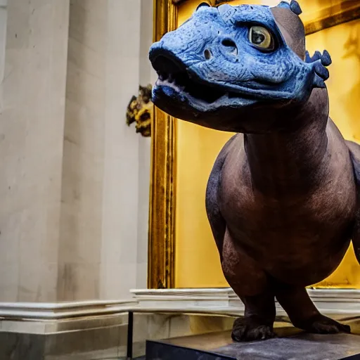 Prompt: bad taxidermy Blastoise on display at the Louvre Museum, wide angle lens