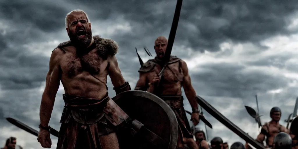 Image similar to cinematic film still of joe biden as leonidas shouting in 3 0 0 movie, 8 k, epic moody sky, dramatic lighting