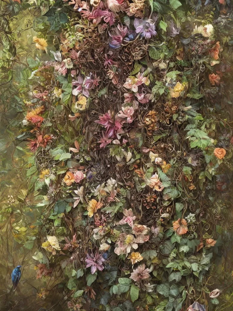 Prompt: a chaotic whirlwind of exotic forest flowers and vines and leaves and a few birds and butterflies, intricate details, aesthetically pleasing and harmonious natural colors, art by marco mazzoni, impressionism, detailed, dark, flowers