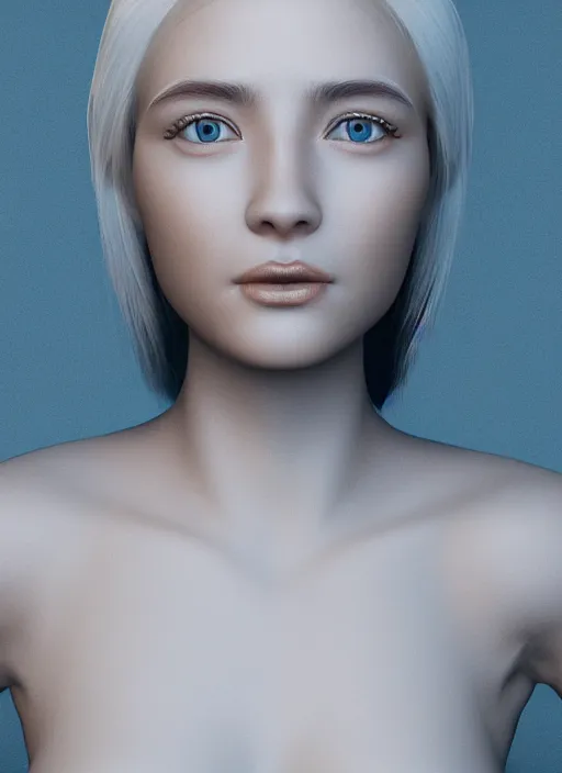 Prompt: 3 d render, hyper detailed, realistic female face and shoulders, white skin made from painted porcelain, white hair, fine facial features, white eyes and eyelashes, 8 k, 1 5 0 ml lens, elegant, white background pastel blue lighting, octane render, volumetric lighting,