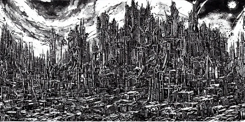 Image similar to post apocalyptic scifi landscape with city ruins by philippe druillet
